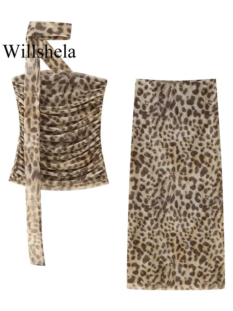 Willshela Women Fashion 2 Piece Set Tulle Leopard Pleated Tops & Vintage High Waist Midi Skirt Female Chic Lady Skirts Set