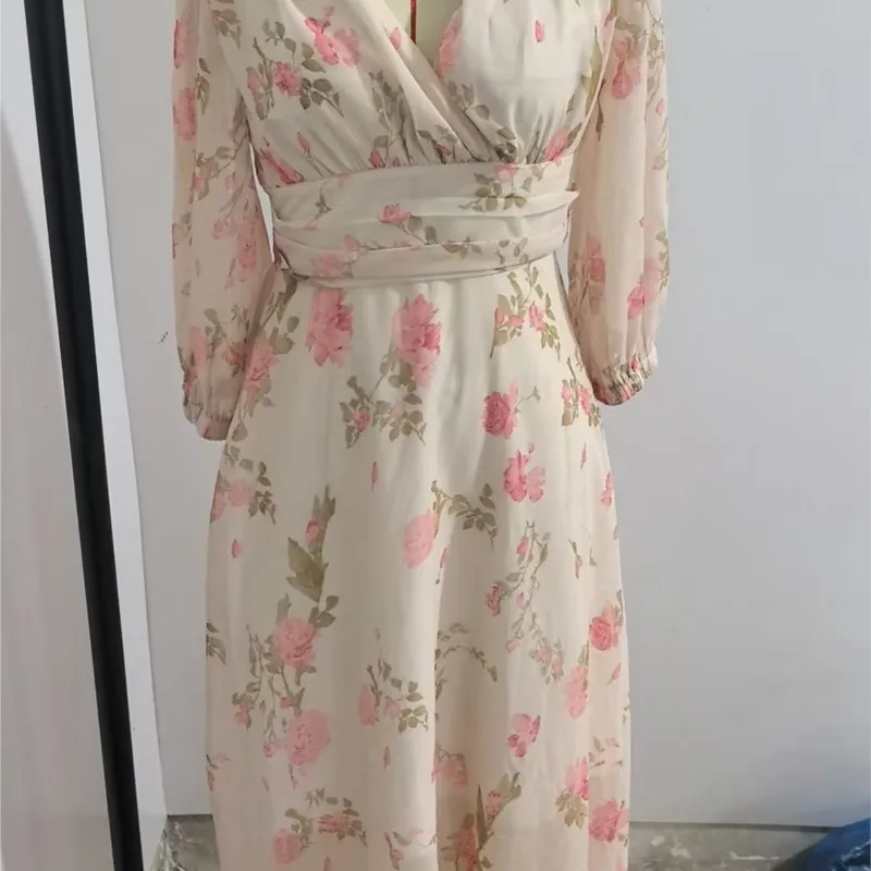 2025 Primavera a maniche lunghe a vita alta Maxi Dress Donna Sexy scollo a V Stampa floreale Abito lungo Estate Allentato Boho Holiday Dress Vestido