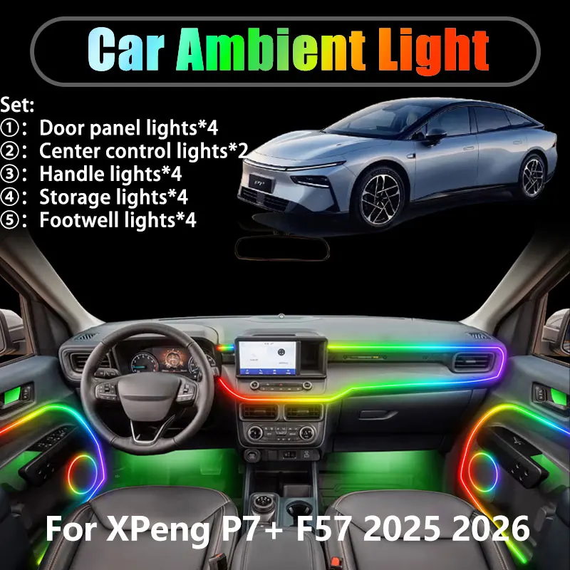 

For XPeng P7+ F57 2025 2026 2/18 in 1 Car ambient lighting Led trunk interior led lights USB RGB Ensemble Streamer Auto Parts