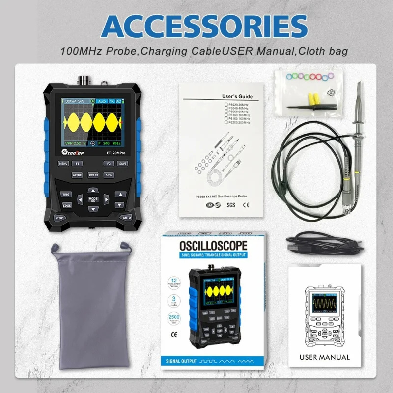 TOOLTOP ET120Mpro Generatore di segnale oscilloscopio digitale portatile 2 in 1 120 MHz 500 MS/s Frequenza di campionamento veloce Mini oscilloscopio automatico