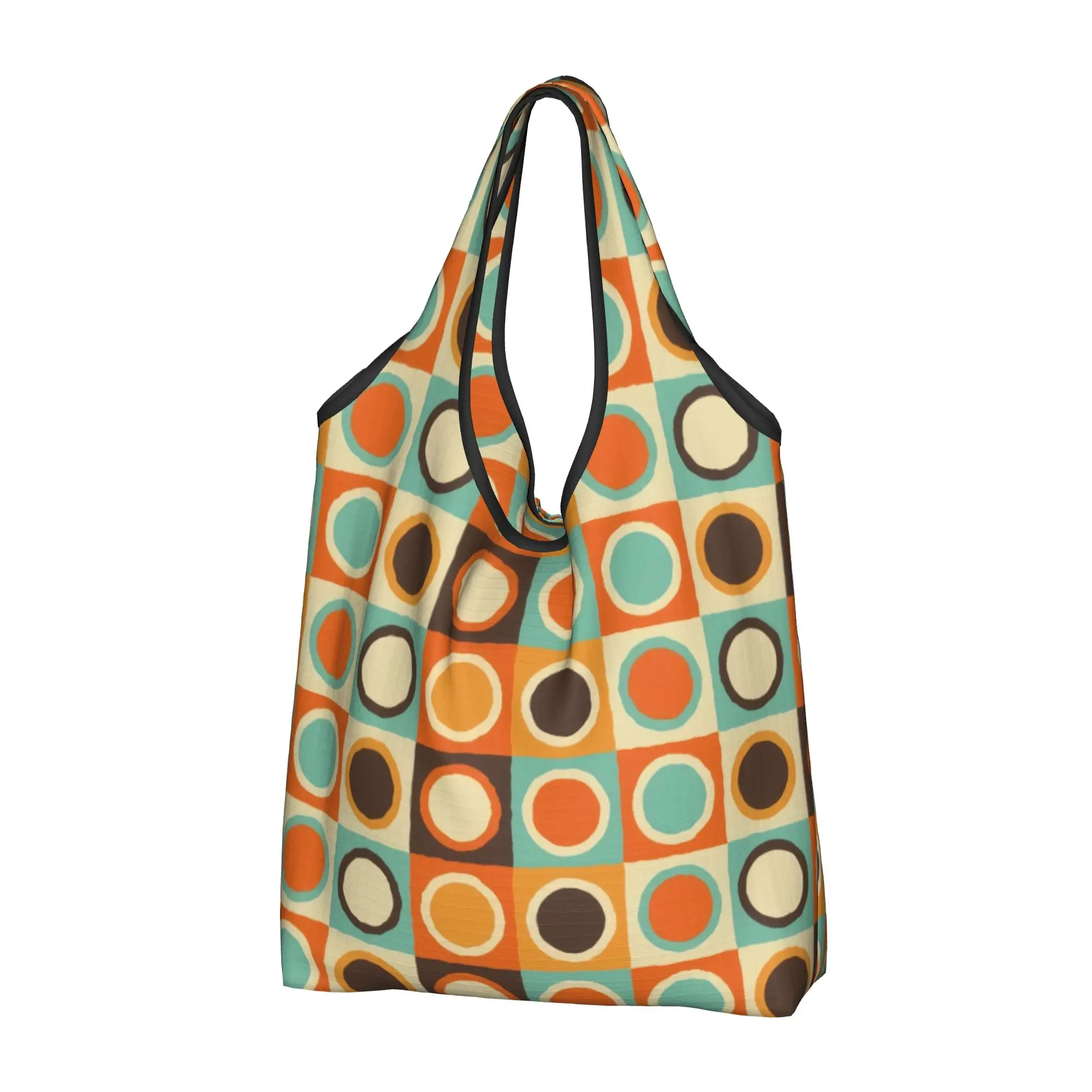 Custom Mid Century Modern Circles Shopping Bags Women Portable Large Capacity Grocery Modern Geometric Tote Shopper Bags
