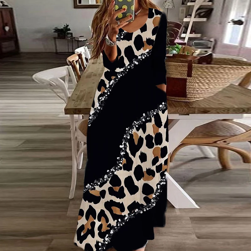 Grote Maat Dames U-Hals Boho Maxi Jurk Lente Luipaard Print Pailletten Patchwork Lange Jurk Lange Mouw Zak Dames Jurken