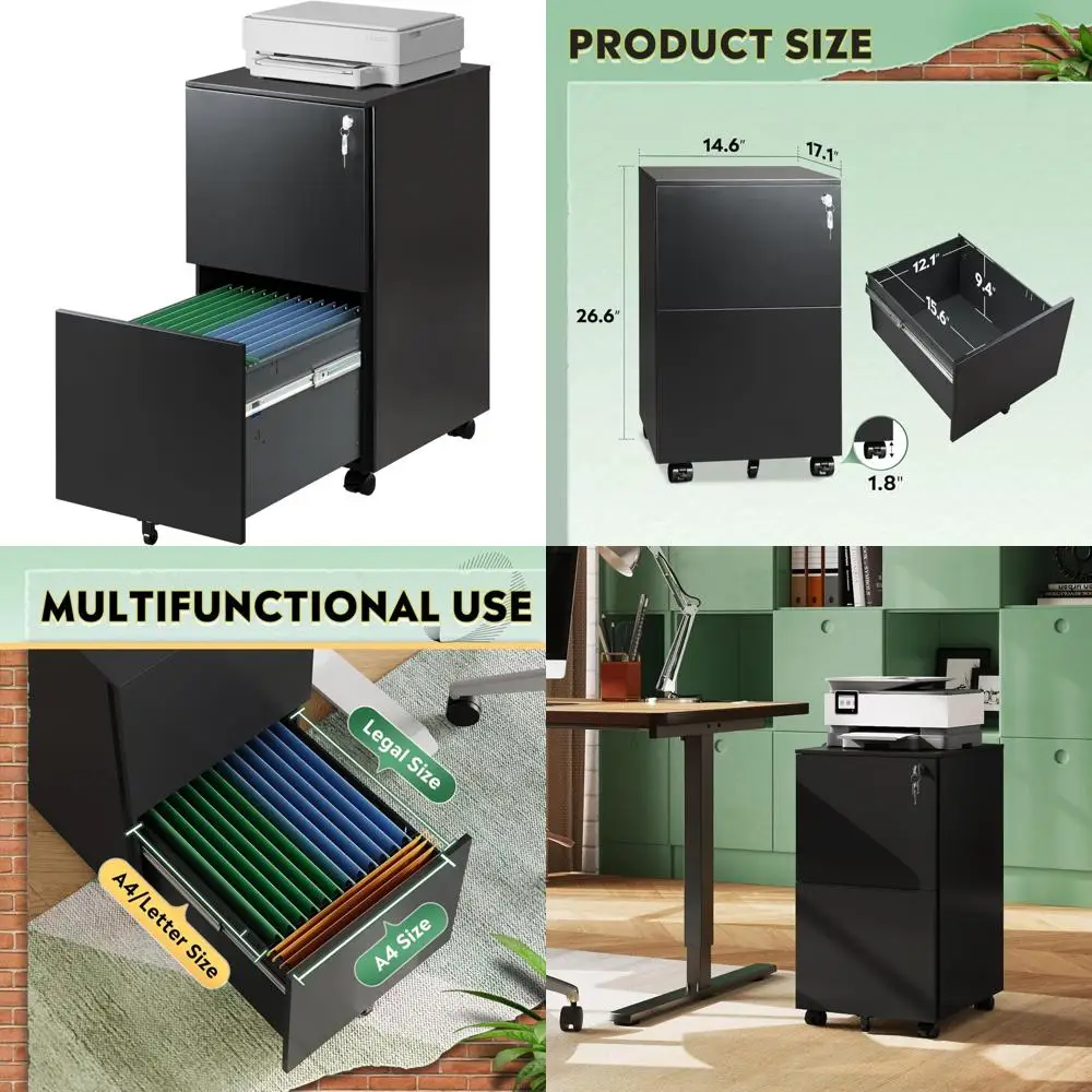

Two-Drawer Rolling Locking File Cabinet, Metal Storage for Home Office, Fully Assembled Under Desk, Black