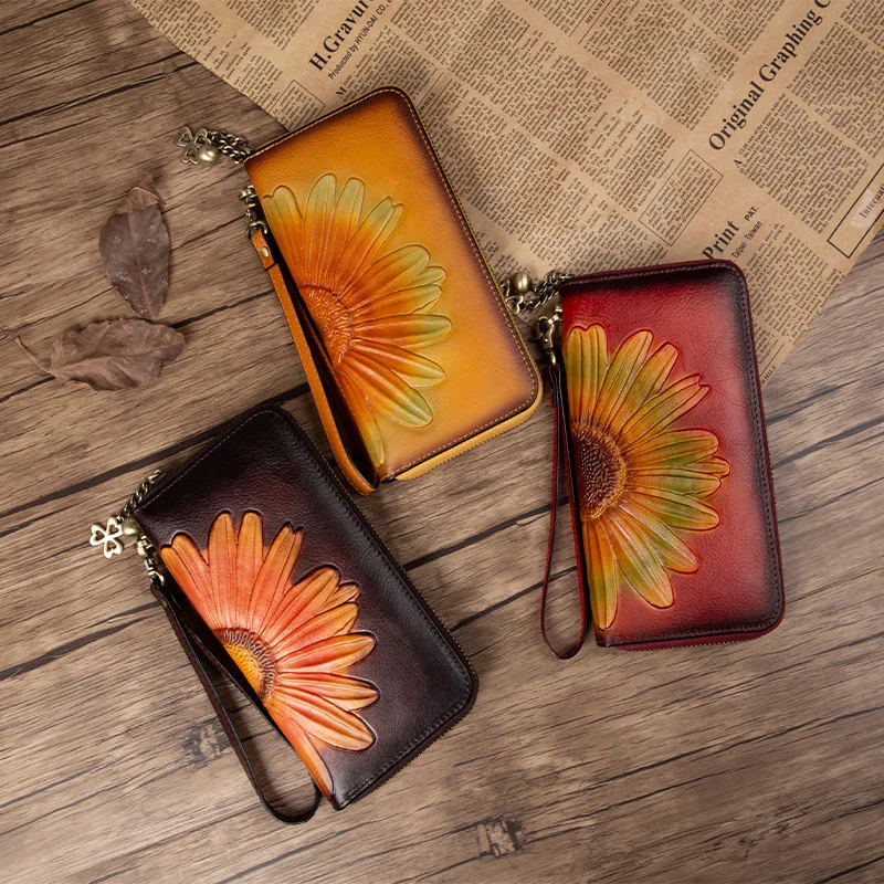 MOTAORA Women's Leather Wallet Handmade Cowhide Clutch Purse Long Zipper Card Holder Retro Painting First Layer Genuine bag