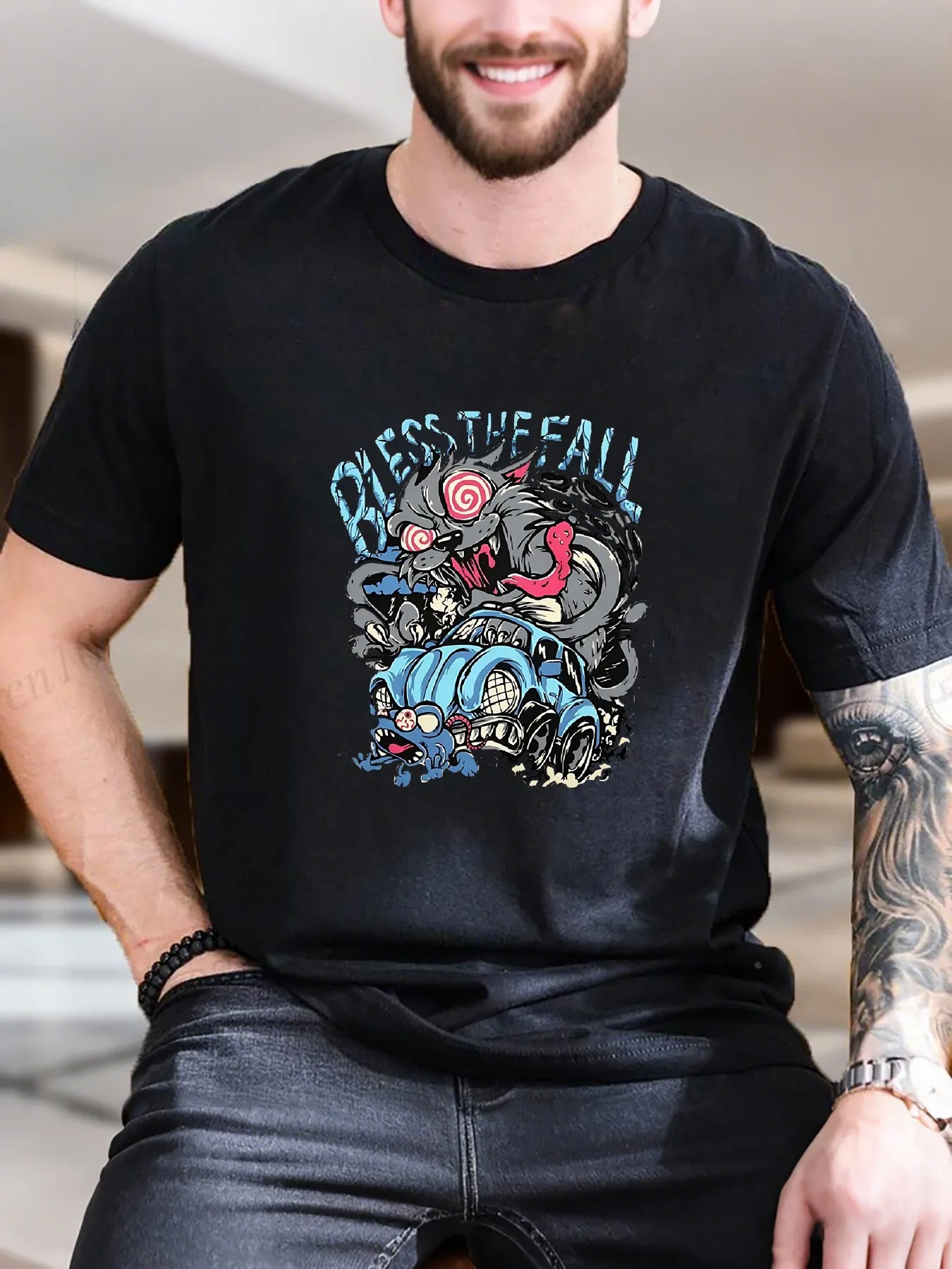 

New Arrival Fashion Men's Cartoon Driving Car Print Pure Cotton T-Shirt Trendy Design Breathable Soft Casual Stylish Tee