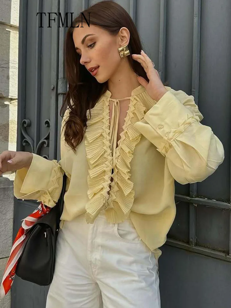 

TFMLN 2025 Summer Tierred Ruffles Blouse For Women Fashion Lace Up V-neck Loose Causal Tops High Street Oversize Long Sleeve Top
