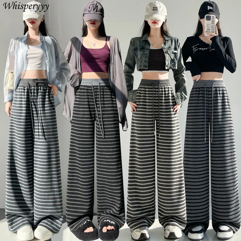 

Black Striped Wide-leg Pants Women Spring High-waisted Drawstring Loose Straight-knit Casual Floor Pants Korean Style Sweatpants