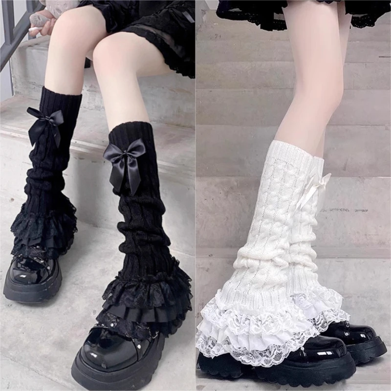 

Y2K Women's Leg Warmers Japanese Lolita Long Socks Lace Bow Tiered Ruffled Socks Cute Boot Cuffs T-shaped Lace Leg Horn Warmers
