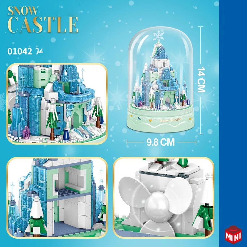 Idea-Mini bloque de cuento de hadas, Castillo de hielo y nieve, modelo de construcción, modelo de ladrillo, caja de música, juguetes de construcción, Colección para niñas, regalos