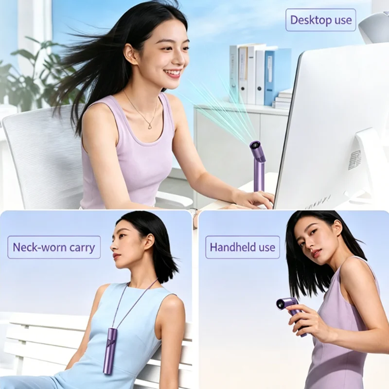 Foldable Turbine Lipstick Shape Mini Fan, Brushless Motor Large Capacity Rechargeable Neck Wear Portable Handheld Fan