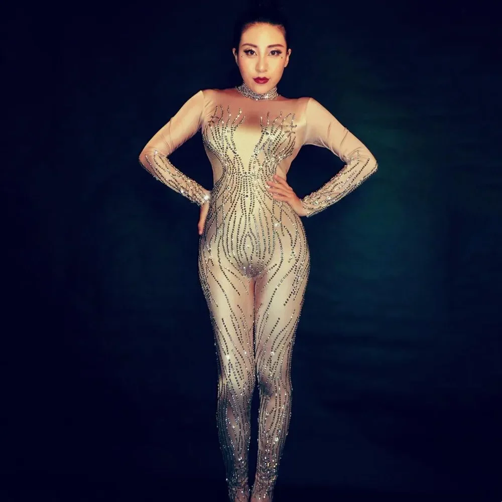 

Sparkly Sexy Jumpsuit Rhinestones Nude Stretch Tight Nightclub Bar Women Stage Wear Pole Dance Club Party Rave Dance Costume