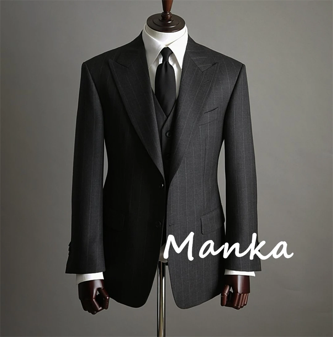 Traje clásico a rayas de color gris oscuro para hombre, chaqueta de 3 piezas, chaleco, pantalones, Formal, para novio, boda y oficina