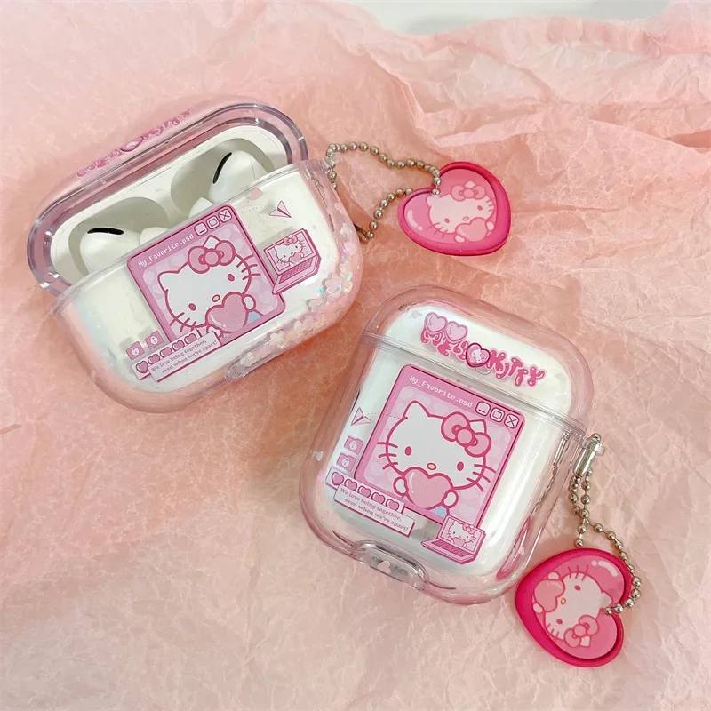 Hello Kitty Keychain Earphone Case for Apple Airpods 1 2 Pro 3 Bluetooth Headset Cover Sweet Cute Fundas for AirPods 2 Pro Cover