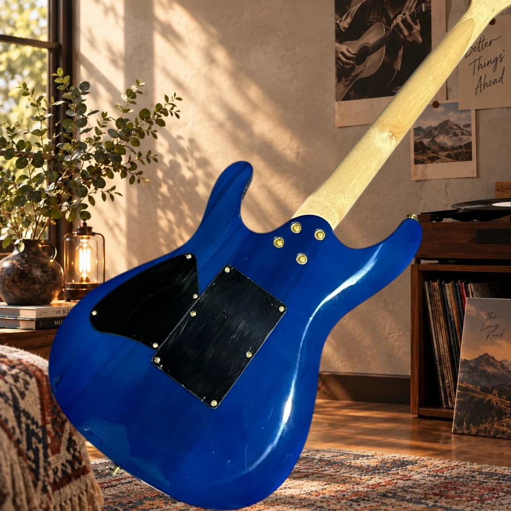 Blue Burst Electric Guitar, Burl Wood Top, HSH Pickups, Double Locking Tremolo, Gold Hardware, 24 Fret