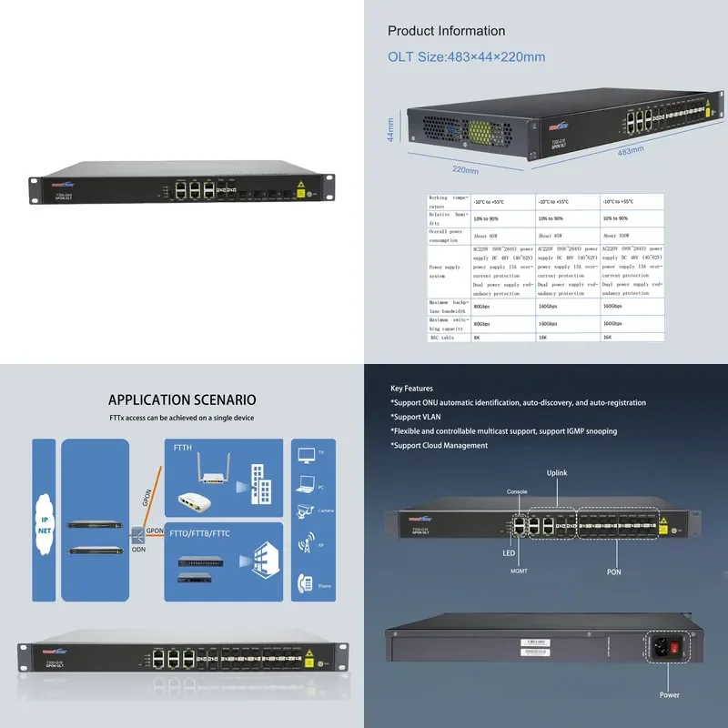 

WSEELASER 2025 4-Port GPON OLT POE SC RJ45 12V Power Supply for FTTH WIFI Fiber Optic Equipment
