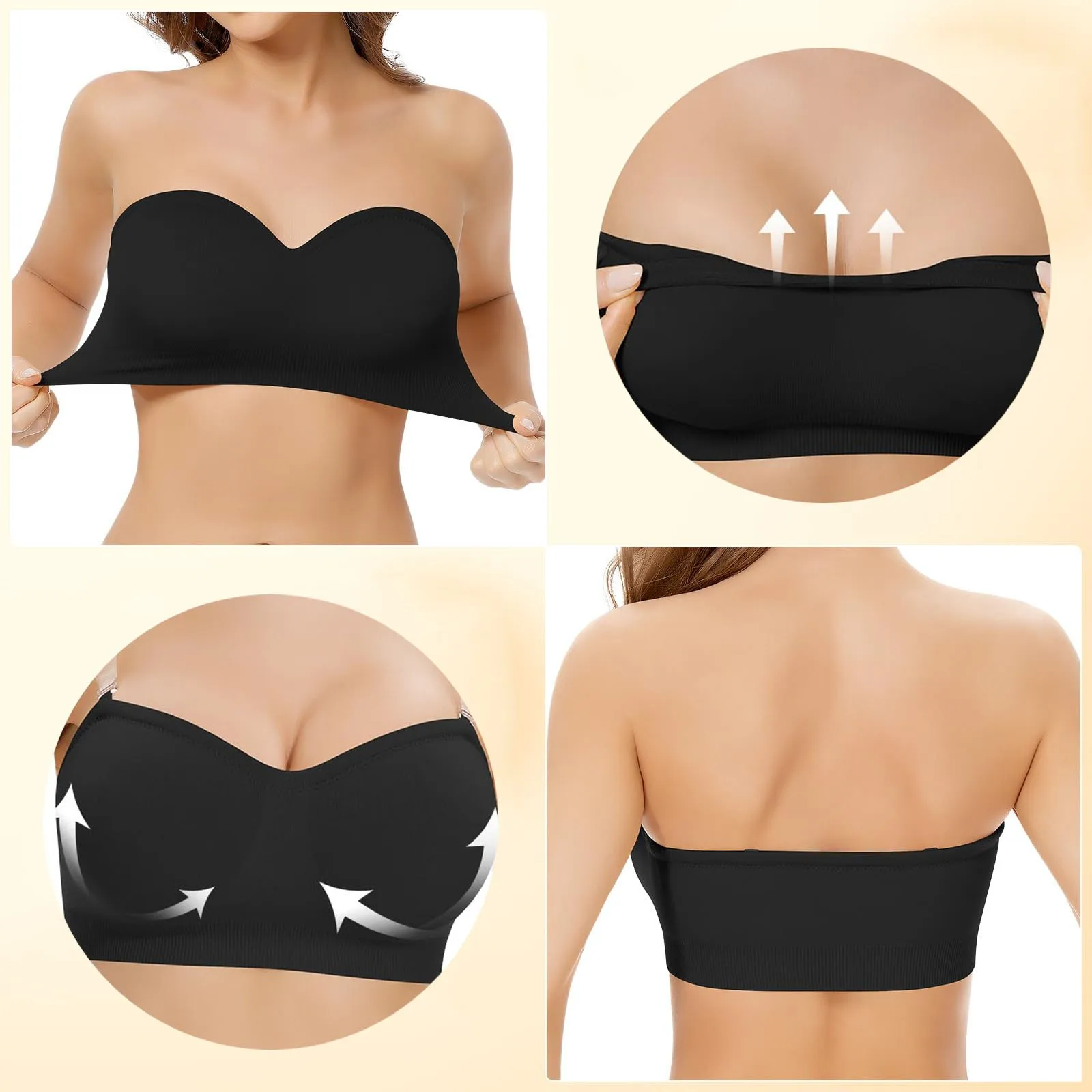 Women\'S Strapless Bra Push Up Padded Plus Size Seamless Underwired Convertible Underwear Bandeau Bras Non Slip Wrapped Bras