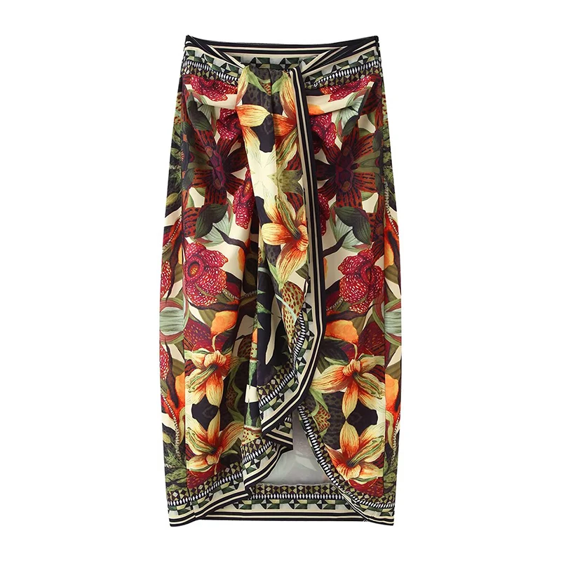 Summer Women's Boho Floral Wrap Midi Skirt  High Waist Self Tie Sash Front Slit Bodycon Pencil Skirts