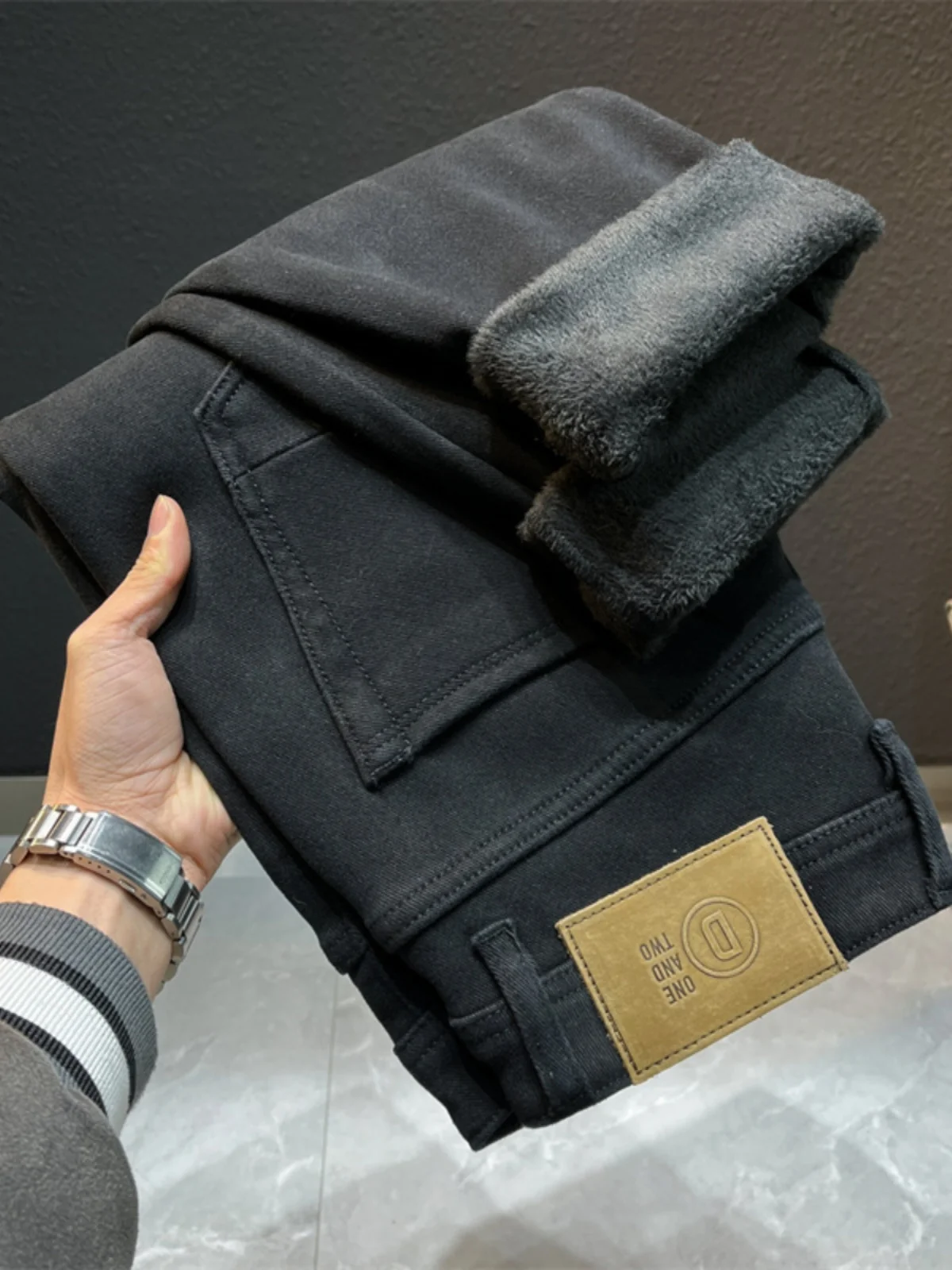 

High-End Fleece Lined Workwear Jeans Men's Elastic Casual Versatile Warm Slim Fit Bootcut Pants Trendy Brand Youth Popular