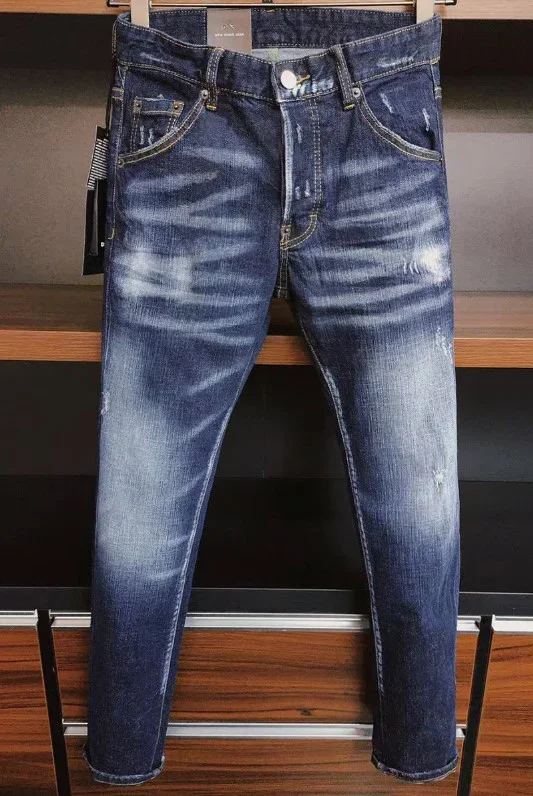 Jeans longo rasgado azul claro masculino, calça elástica, calça skinny, roupa masculina, marca de luxo, moda de rua, qualidade, 2024