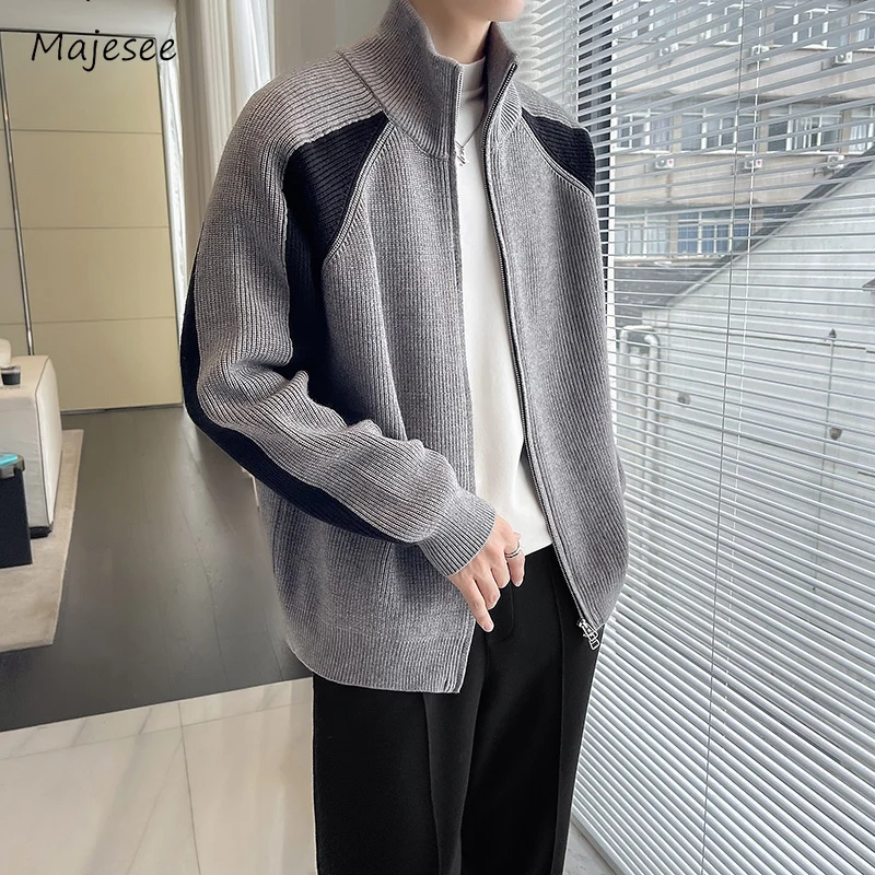 Contrast Color Cardigan Men Autumn Kintting Warm Advanced Baggy Cozy Slouchy Harajuku Temperament Classic Casual Chic Clothing