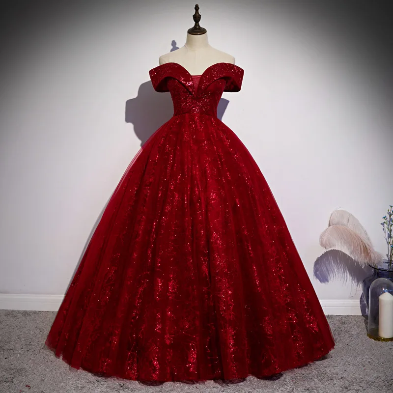 Burgundy Sequined Lace Luxury Quinceanera Dresses 2022 Off The Shoulder Classic Ball Gown Glittering Formal Evening Party Gowns