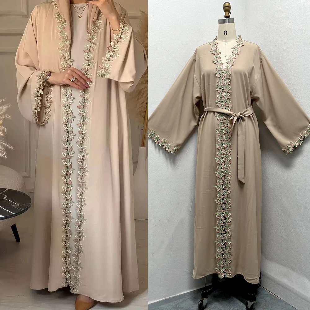 

Dubai Elegant Beige Abaya Muslim Women Intricately Crafted with Multicolored Embroidery Piece in Islamic Modest Fashion Dress