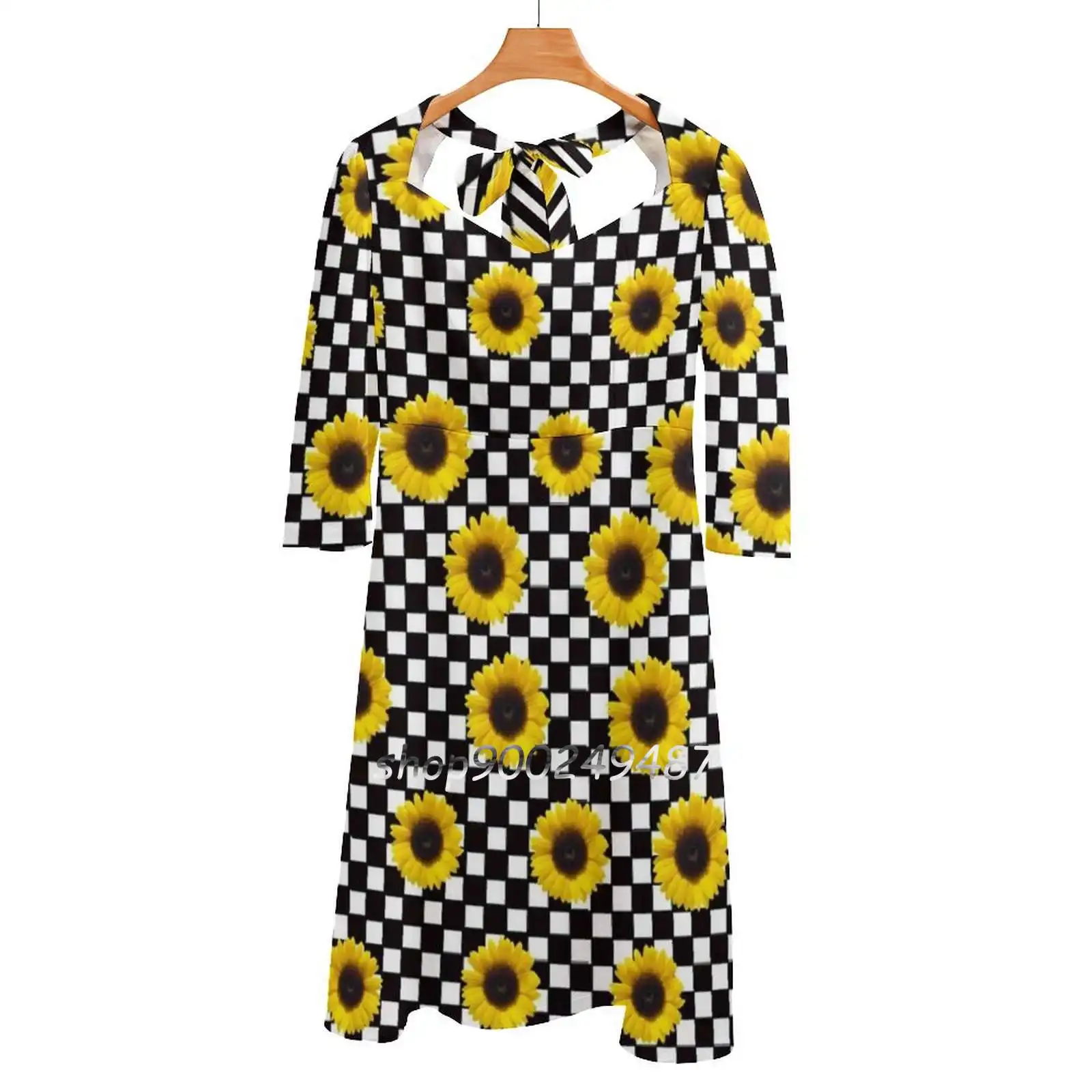 Sunflowers Sweetheart Knot Flared Dress Fashion Design Large Size Loose Dress Sunflower Floral Checker Black And White Pattern