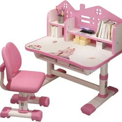 Kids Desk Chair Set Widened Desktop Multi Separation Cartoon Castle Adjustable Height Study Table with Drawer Chair Set Boy Girl