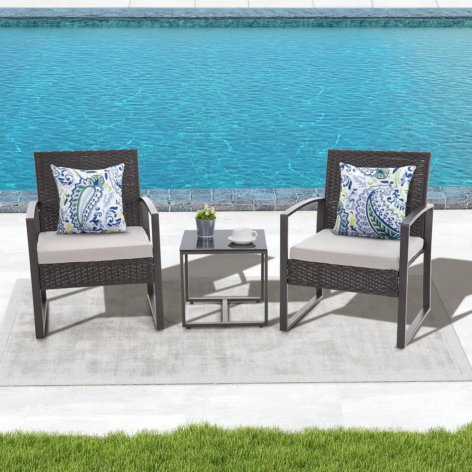 3PCS Patio Furniture Set, Outdoor Wicker with Padded Cushions Glass Table, Garden Rattan Chair Set for Porch Balcony Backyard