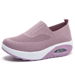 Women Knitted Mesh Sneakers Breathable Casual Sport Shoes Wedge Platform Rocking Shoes Increasing Ladies Vulcanized Shoes2024