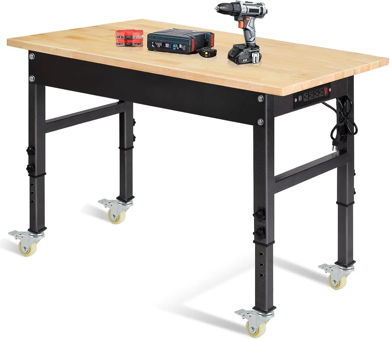 48 Inch Adjustable Work Bench Rubber Wood Top Heavy Duty Work Table Power Outlet Wheels 2000 LBS Load Capacity Hardwood Garage W