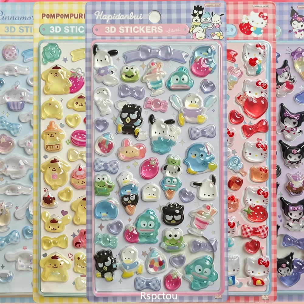 Kawaii 3D Relief Stickers Cinnamoroll Kuromi Pompom Purin Melody Cartoon Crystal Sticker Cute Decoration Decals Toys Gift