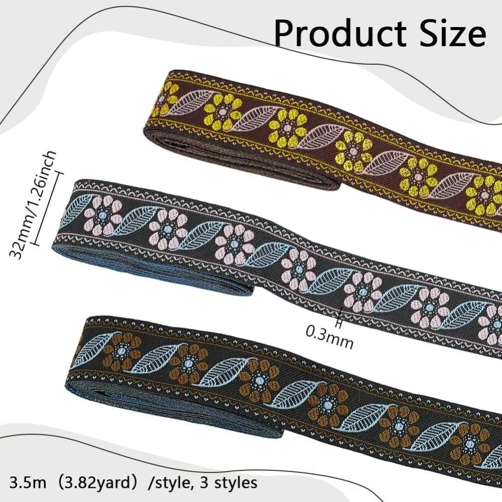 11.5 Yards 3 Colors Jacquard Ribbon Trim Ethnic Embroidery Polyester Ribbons with Flowers & Leaves Pattern 1-1/4