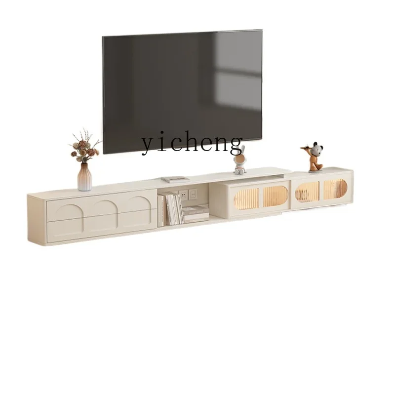 

ZK cream wind TV cabinet coffee table combination modern simple living room home retractable floor white rock slab floor cabinet