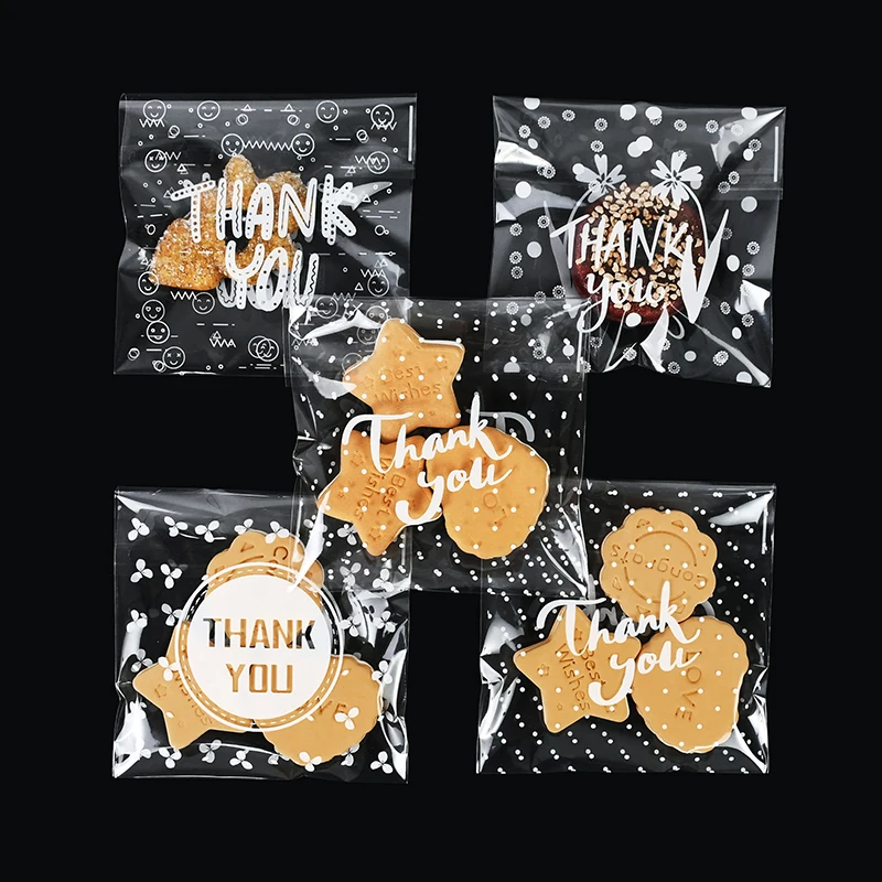 100 قطعة 13x10 سنتيمتر البلاستيك الشفاف شكرا لك التعبئة أكياس السلوفان الحلوى كوكي شنطة هدايا DIY بها بنفسك الذاتي لاصق الحقيبة أكياس الحلوى