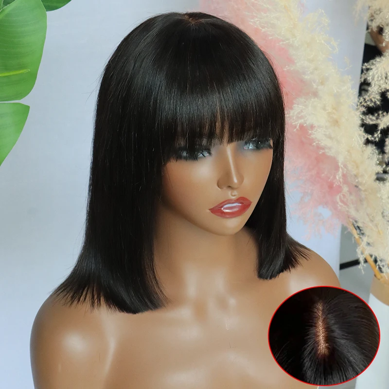 Short Bob Wig With Bangs Brazilian Straight Human Hair Wigs Fringe Middle Part Bob Lace Wigs Realistic Scalp 100% Human Hair Wig