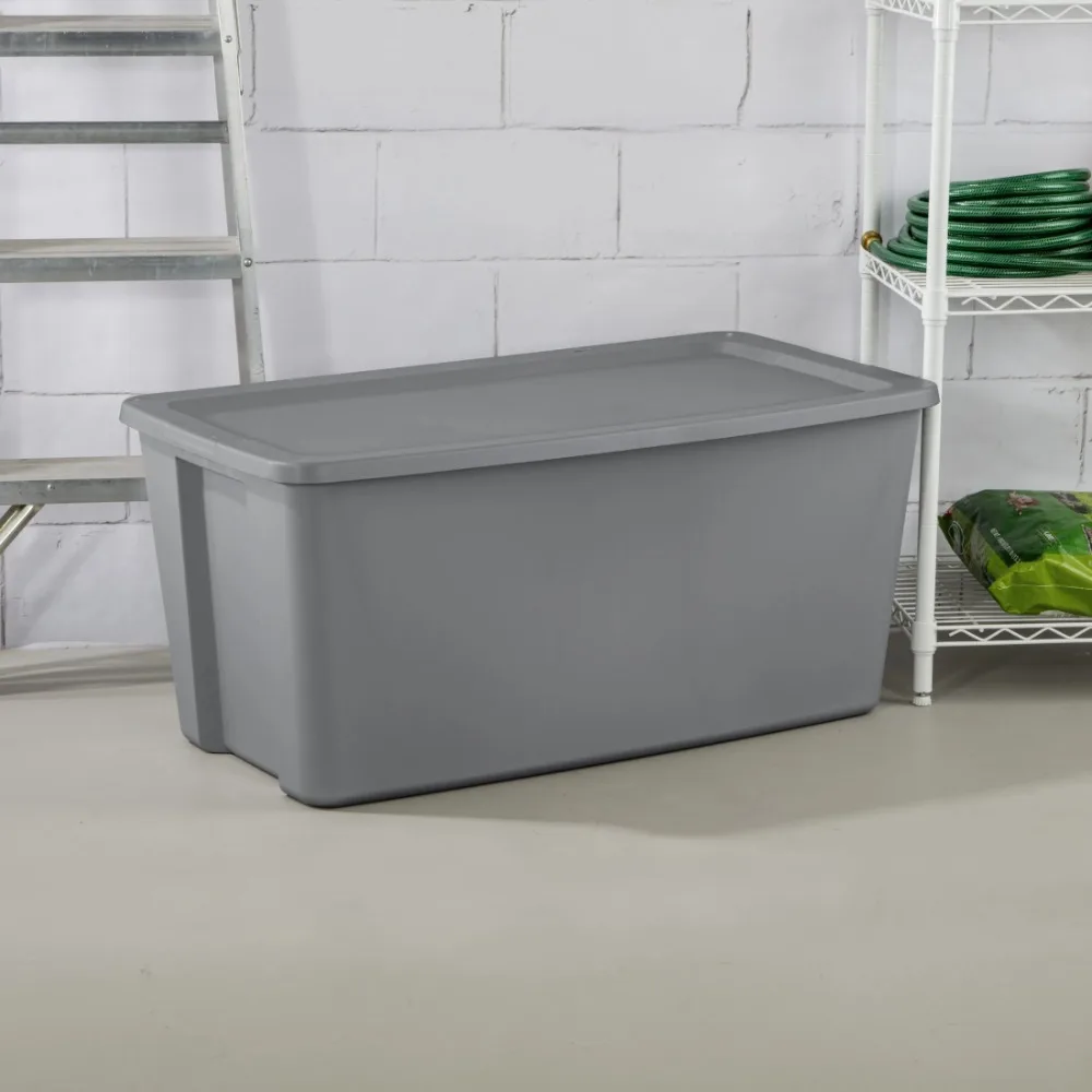 

50 Gallon Tote, Plastic Storage Bin with Snap-on Lid, Gray
