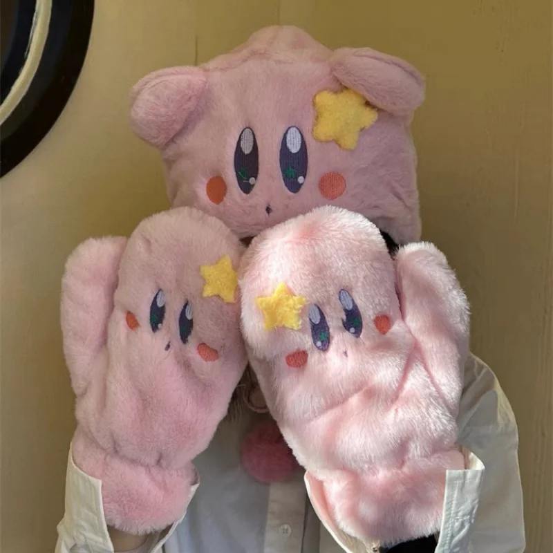 Pink Kirby Cute Thick Plush Hat & Gloves Warm and Windproof Winter Student Cartoon Gloves Set Anime Cute Plush Knitted Gloves