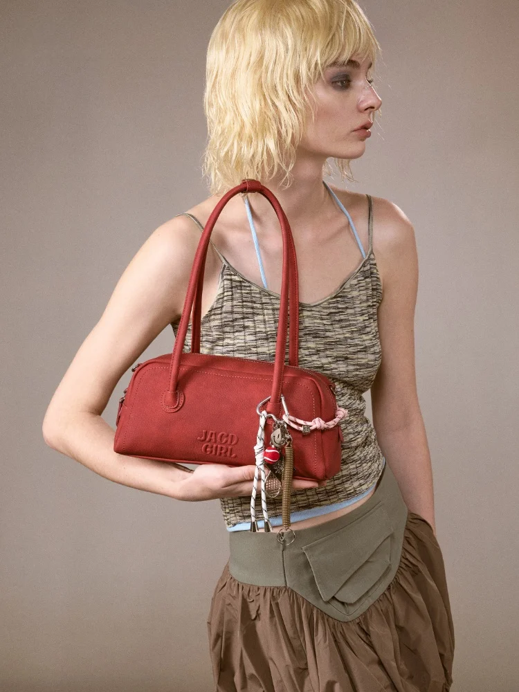 

JACD Retro Bowling Bag Women's Commuter Handbag Single Shoulder Bag Soft Leather Square Shape Zipper Closure Casual Style