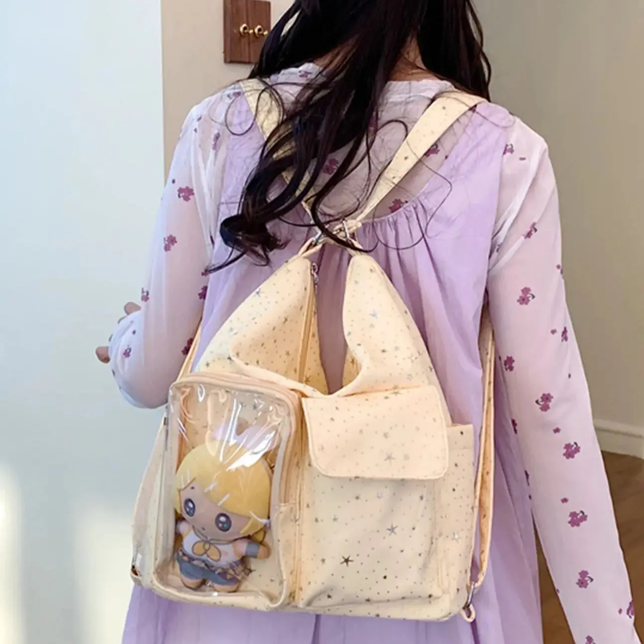 

Drawstring Backpack Fashion Star Printed Canvas Bag Large Capacity Tote Bag Cotton Doll Badge Transparent Shoulder Bag New