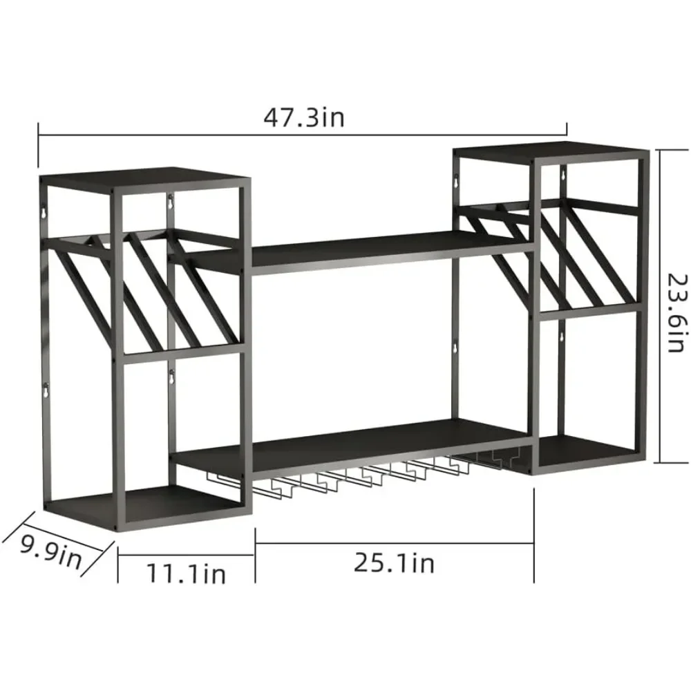 Metal Floating Bar Liquor Shelves 2 Tier, Wall Mounted Wine Rack with Glass Holder Storage, Wall Bar Shelf Wine Display Storage