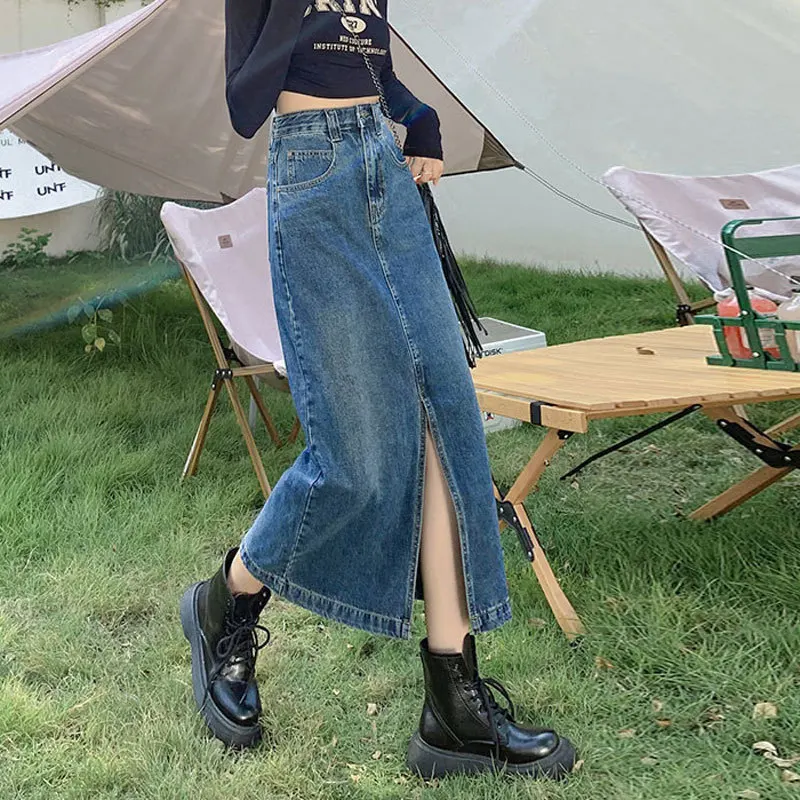 Front Slit Denim Skirts For Women A Line Mid-length High Waist Bodycon Skirt