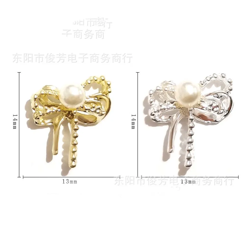 10pcs Bow Nail Art Charm 3D Alloy Diamond Pearly Crystal Sparkling Golden Silver Nail Decoration DIY Luxury Nail Accesorios