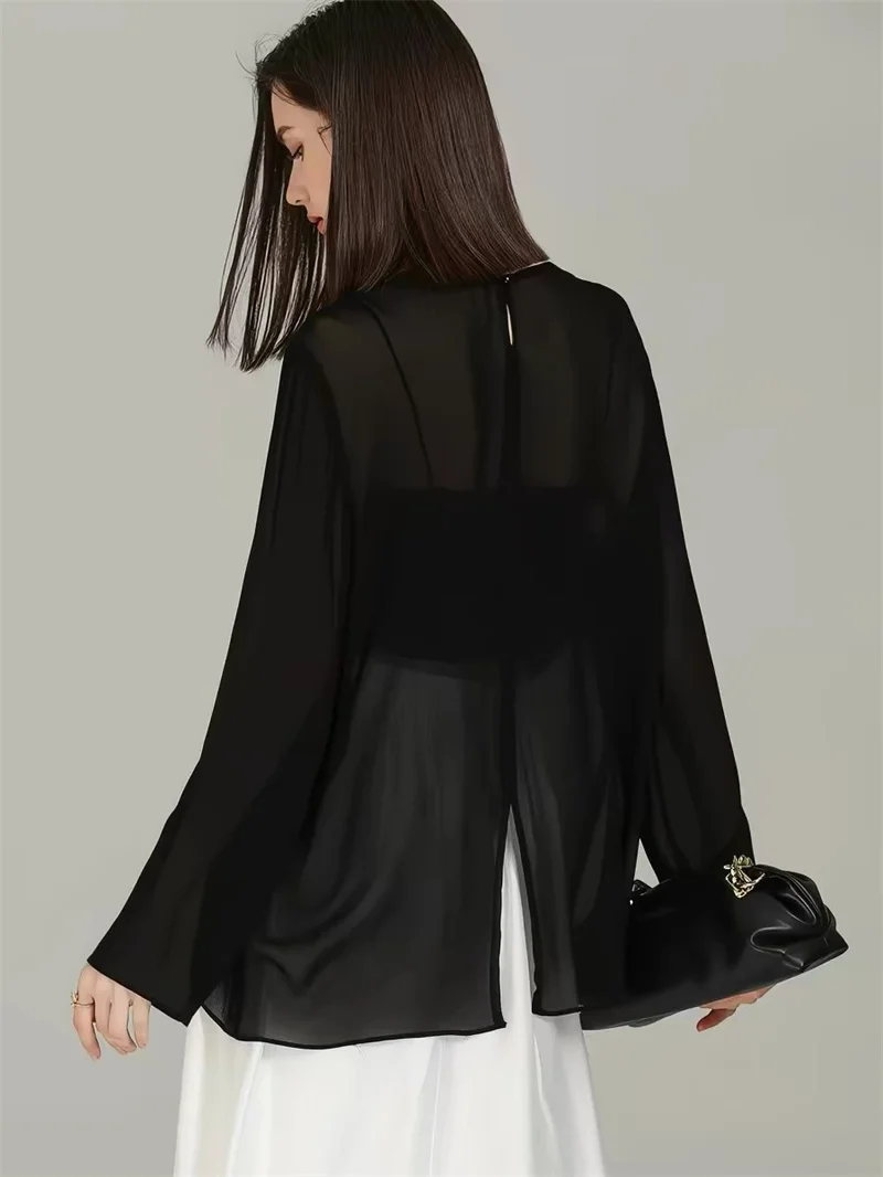 Camisa elegante francesa de manga larga de gasa, blusa ligera transparente y sexy para mujer, tallas grandes 6XL 7XL