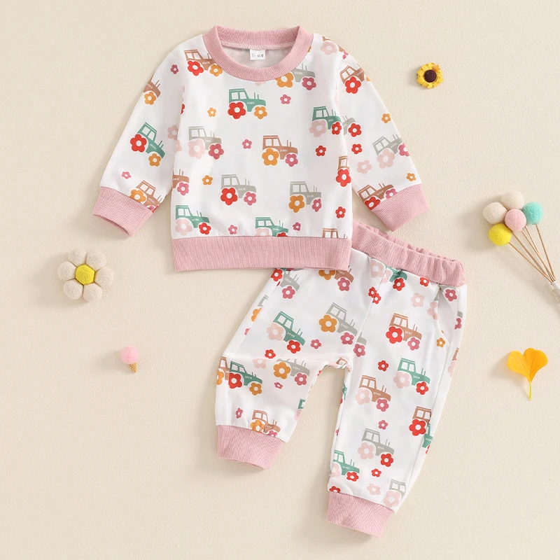 

2024-06-07 Lioraitiin Little Girls 2PCS Fall Sets Long Sleeve O Neck Floral Tractor Print Tops Pants Sets