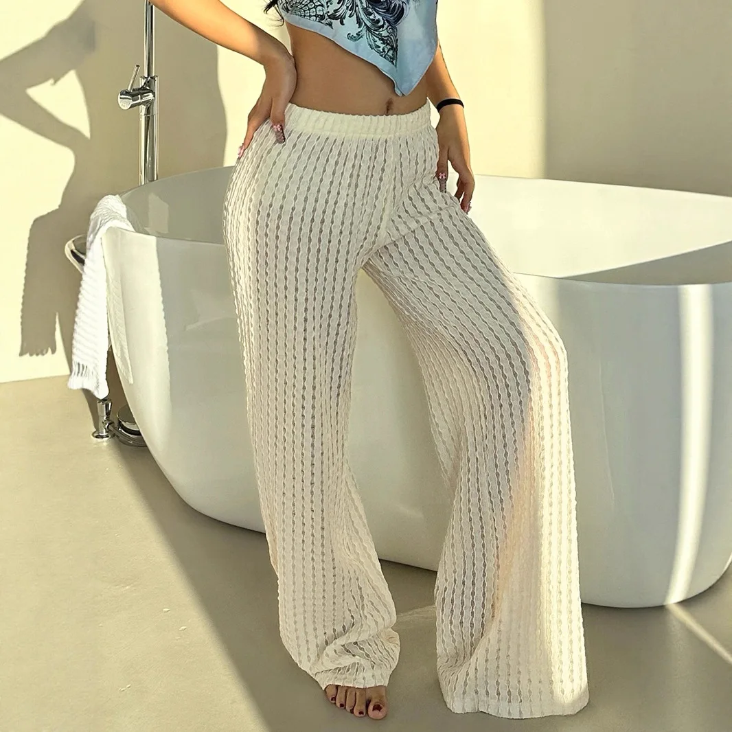 XIZOU Beachwear Hollow Out Knitted Casual Pants White Low Rise Loose Straight Pants Y2k Aesthetic Women Holiday Style Trousers