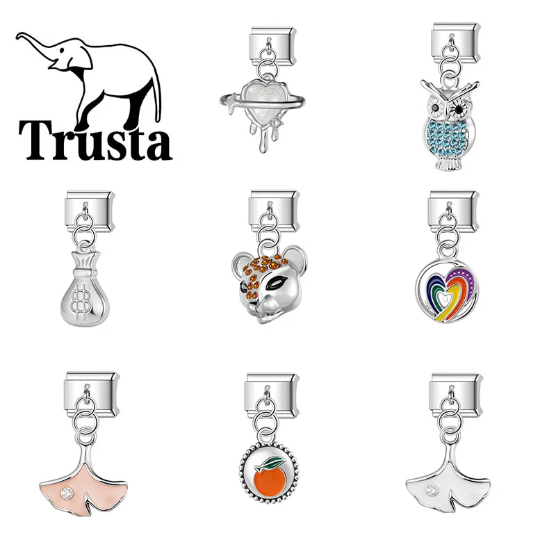 Trusta Zirconia cherry Apricot leaves owl Pendant Charms for italian bracelet Accessories 1pc Fit 9mm Beads Gifts Wholesale N818