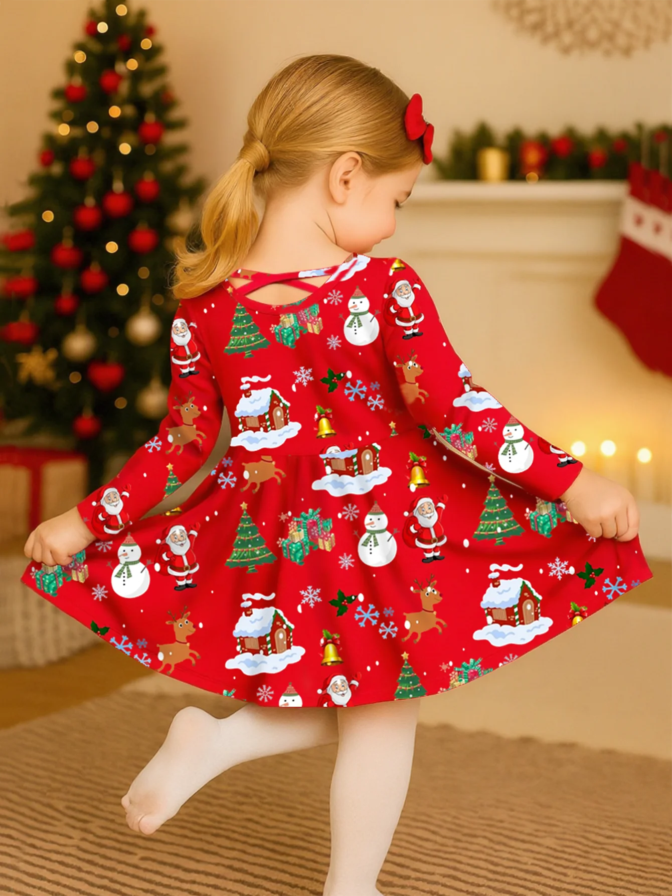 Girls Christmas Red Long Sleeve Dress Santa Snowman Elk Print Back Cross Twirl Swing Dress Kids Xmas Party Casual Outfit 3-10Y