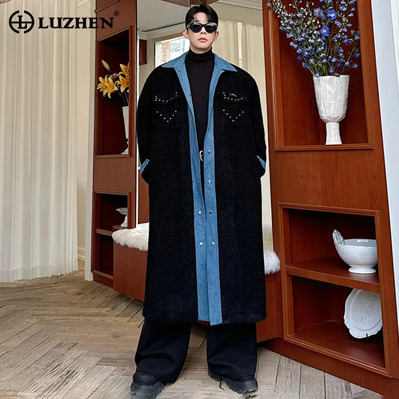 LUZHEN Lamb Wool Winter Outerwear Denim Patchwork Medium To Long Casual Trench OverCoat Rivet Decorate Warm Jackets Men LZ7743