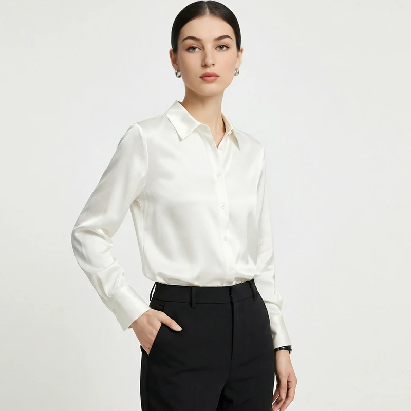 30 Momme 100% Heavyweight Mulberry Silk Shirt Women Satin Solid Long Sleeve Loose Commute Blouse Top
